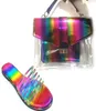 Slyckor Färgglada ljusfärg Rainbow Jelly Purse och matchande skouppsättningar Handväskor Slides Women Summer Slipper Dames Schoenen2919442