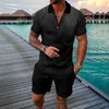 Summer Mens Fashion Trend Trend Fitness Sports V-образный вырезок на молнии шорты с короткими рукавами с двумя частями.