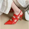 Summer Black Sandals Red Pink White Leather Pointed Toe Slingback Fashion Women Hollow Cuts Out Cage 3 Inches Heels ShoesSandals saa Shoes