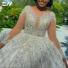 Sparkly Ball Wedding Dress Long Illusion Sleeve Scoop Neck Beaded Bride Dresses Arabic Bridal Gown Vestidos De Novia