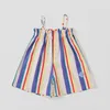 Childrens Striped Jumpsuit 2024 Zomermeisjes Koreaans Casual Losse mouwloze Suars Suspene Shorts Kids overalls 240513