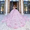 Różowa księżniczka Quinceanera sukienki piłkarskie z ramion 3D kwiatowe koraliki kryształ tull 16 sukienek 15 anos meksykański