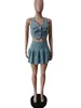 Work Dresses Sexy Pleated Denim Skirt Shorts Sets Summer Single Breasted Tank Crop Top And Mini Women 2 Piece Casual Outfits Blue Suits