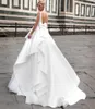 Vintage Long V-Neck Satin Wedding Dresses with Bow A-Line Ivory Sleeveless Pleated Lace Up Back Vestido de novia Bridal Gowns for Women