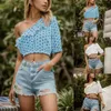 Kvinnors polos 2024 Summer Shoulder Short Crop Peplum Polka Dot Print Top Woman Pullovers Lapel White Shirt