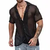 Streetwear Fashion Knitwear Mens Shirt Sexy See Through Knit Tops Men Summer Casual Button Lapel Krótkie rękawie Hollow Out Shirt 240513