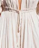 Boho Slubbed Fabric Sleeve White Deep V-Colon Butterfly Self-belted High Taist Front Open Summer Beach Robe