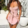 Work Dresses 2 Piece Set Women Strapless Tube Crop Tops Lace Frill Backless Tie Up Bandeau Layers Pleated Mini Skirt Fairy Coquette Outfits