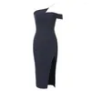 Casual Dresses PB 2024 Arrival Navy Blue Sexy Diagonal Collar Pearl Strap Design Keen Long Dress Summer Fork Evening Party Bandage
