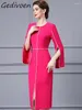 Casual Dresses Gedivoen Autumn Fashion Designer Rose Red Vintage Dress Women O Neck Slit Long Sleeve High Waist Package Buttock Slim