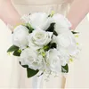 Dekorativa blommor bröllop bukett med mjuk band brud brudtärna vita champagne konstgjorda rosor
