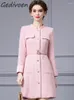 Casual Dresses Gedivoen Winter Fashion Runway Pink Vintage Party Dress Women Stand Collar Button Pockets Sashes samlade midja Slim Mini