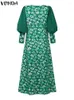Casual Dresses Vonda Women Floral Printed Maxi Dress 2024 Summer 3/4 Lantern Sleeve Patchwork Retro Long Sundress Loose Big Swing Robe