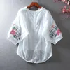 Women's Blouses Women Embroidery Flowers Woman V-neck Half Sleeve Lace Summer Thin Top Female Shirt Literary Cotton Shirts