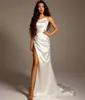 Elegant Long Satin One Shoulder Wedding Dresses With Slit Sheath Ivory Pleated Vestido de novia Zipper Back Sweep Train Bridal Gowns for Women