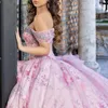 Różowa księżniczka Quinceanera sukienki piłkarskie z ramion 3D kwiatowe koraliki kryształ tull 16 sukienek 15 anos meksykański