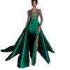 Emerald Green Mermaid Evening Dress With Detachable Train Elegant Satin High Split Full Sleeves Party Gowns 230w