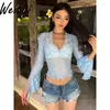 Damesblouses super schattig dames sexy shirt zomer kant zie door holle out pure verlangens stijl slanke diep v bel mouw korte koszule i