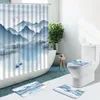 Shower Curtains Chinese Style Scenery Ink Painting Mountain Water Boat Bathroom Set Non-Slip Rugs Bath Mat Toilet Cover Carpet