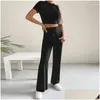 Women'S Pants Capris Womens Two Piece Set Short Sleeve Bodycon Crop Tops High Waist Wide Leg Fall Casual Streetwear Suit Women Dro Dhm5Y