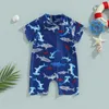 Two-Pieces 1-5T boy swimsuit childrens short sleeved swimsuit beach shark/dinosaur print swimsuit dark blue light blueL2405