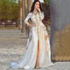 Elegant marockansk kaftan aftonklänningar broderi applikationer spetsar lång formell slitage full ärm arabisk prom party klänning delad fram ny 271t