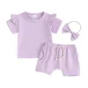 Kledingsets baby geboren babymeisjes zomerkleding Solid Ruffles korte mouw o-neck t-shirts shorts hoofdband kinderen casual pakken