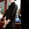 Roupas étnicas Vintage Cultar de linho de algodão vintage Manga de três quartos de manga solta Cheongsam Chinese Tradicional Qipao Women Black Dress