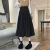 Saias vintage marrom alta cintura plissada saia feminina coreana faculdade de moda estilo longa senhoras outono casual uma linha