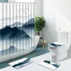 Shower Curtains Chinese Style Scenery Ink Painting Mountain Water Boat Bathroom Set Non-Slip Rugs Bath Mat Toilet Cover Carpet