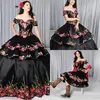 2022 Vestidos pretos de Quinceanera Charro Salia destacável Floral bordado fora do ombro Sweet 16 vestido mexicano tema plus size gothi 182f