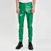 Calça masculina Bright Green Biker Leather Fashion Slim Stretch Pu Red Blue Preto Cinzento Men Pant Plus Tamanho