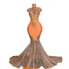 Zwarte meisjes oranje zeemeermin prom jurken 2023 satijn kralen lovertjes lovertjes hoge nek veren luxe rok avondfeest formele jurken voor wome 249o
