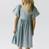 Robes de fille Summer Girl's Bubble Marive carrée Robe en lin en lin 2024 Baby de mode décontracté dos plissé élastique slim lâche