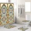 シャワーカーテンモロッコのカーテンバスマットセットブルービンテージドアエスニックスタイル花柄の幾何学的な敷物の浴室の装飾ノンスリップトイレの蓋マット