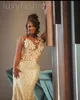 Aso Ebi 2024 Gold Mermaid Prom Dresses Florals Crystals Sequined Evening Party Formal Second Reception Birthday Enagement PromDress Gowns LF039