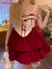 Casual Dresses Girl Sexig stropplös spets Ruffled Flower Stitching Red Velvet Slip Dress Söt Söt smal mini Kawaii jul