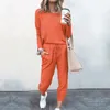Women's Two Piece Pants 2Pc Women Solid Color Suit Long Sleeve Leisure Pocket Home Sweatpants Sets Casual Baggy Trousers Loose Outfit
