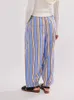 크론 스타일 패션 여성 줄무늬 프린트 바지 느슨한 캐주얼 탄성 허리 긴 바지 주머니와 함께 바닥 여름 스트리트웨어 240514