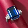 Pierścienie klastra 10x14mm szmaragdowy Cut Blue Sapphire Cubic Cyrron 925 Srebrny pierścionek palca na przyjęcie weselne