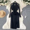 Casual jurken schuimlina elegante vrouwen zwarte lente herfstjurk sexy transparant mesh lange mouw slanke bodycon zijkant split midi party robe