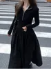 Sıradan elbiseler Sonbahar Kış Kadın Vintage Örgü Siyah Elbise Zarif Şık Katı A-Line Yüzlü Kazak Kadın Giysileri Mujers