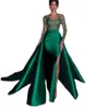 Emerald Green Mermaid aftonklänning med avtagbar tåg Elegant Satin High Split Full ärms festklänningar 248Z