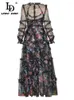 Casual Dresses Fashion Designer Summer Dress Women's Lantern Sleeve Floral Print Black Mesh Long Vintage Party