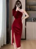 Casual Dresses Red Velvet Gala Woman Autumn Winter Long Sleeve Elegant Bow Off Shoulder Sexy Club Dress 2024 Korean Vintage Party