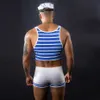 Sexig uppsättning jsy sexig sjöman uniform cosplay underkläder män underkläder blå väst bodysuit erotisk underkläder porr kommer sexig roll play outfits t240513