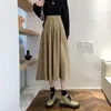 Saias vintage marrom alta cintura plissada saia feminina coreana faculdade de moda estilo longa senhoras outono casual uma linha