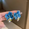 Saplama küpeler vintage yüksek kaliteli yağlı boya zarif mavi çiçek küpe ile sevimli bal tasarım moda kadın aksesuarları