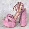 Sukeia New Stylish Women Ankle Strap Sandals Stone Pattern Chunky Heels Round Toe Pretty Fuchsia Party Shoes Ladies US Size 5-20