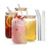 USA CA Warehouse Water With Bamboo Lid Straw Brush 4 Piece Set 16Oz Can Ice Coke Cup Clear Frosted Glass 0514